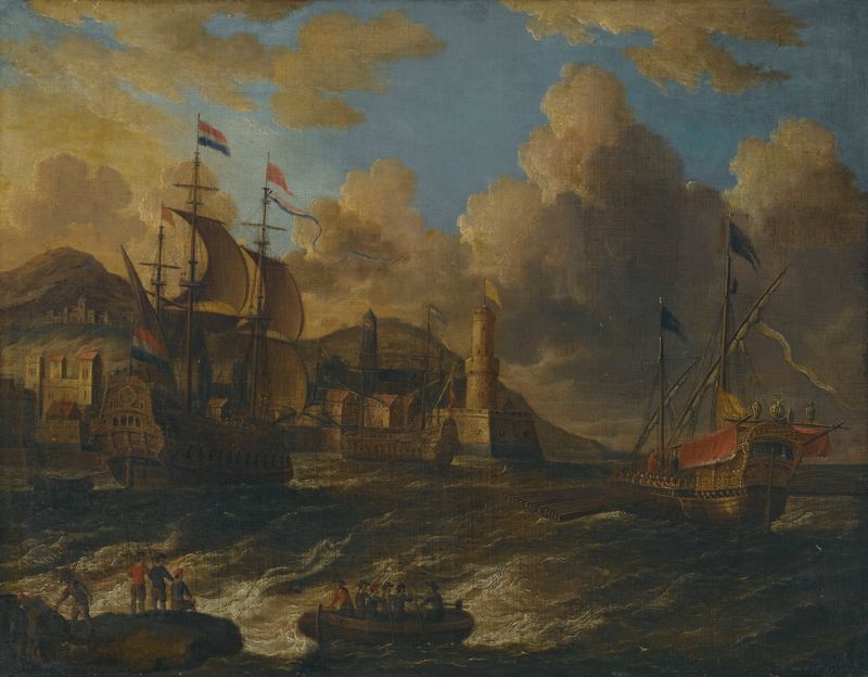 Dutch Ships At Sea Off The Coast Of A Fortified Town, oil on canvas by Peter van de Velde