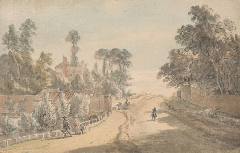 Bayswater – London de Paul Sandby, representando figuras junto a un río en una paleta suave.