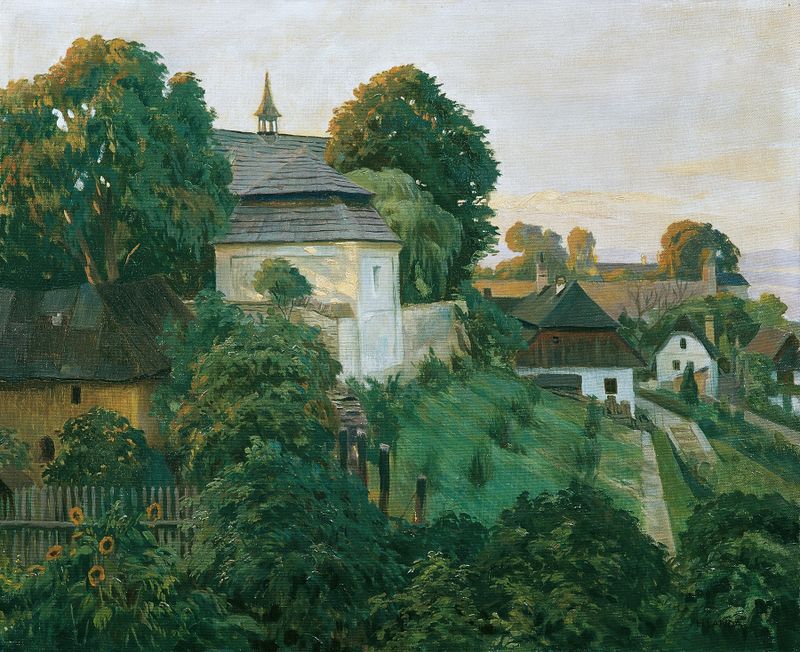 Landscape featuring a stone wall illuminated by soft light, by Hubert Landa.