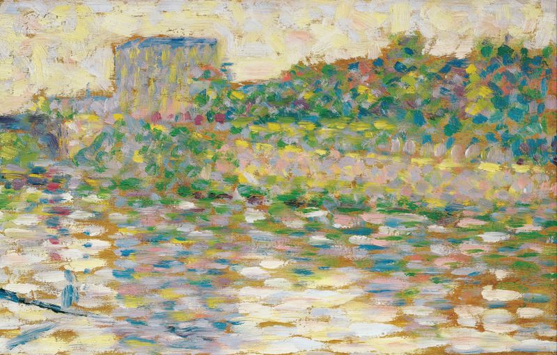 O Sena em Courbevoie, óleo sobre tela de Georges Seurat, mostrando água cintilante e paisagem ribeirinha.