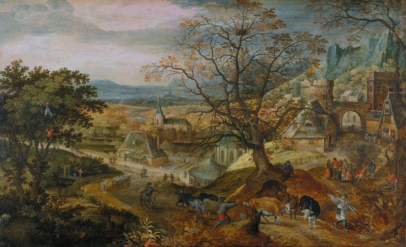Landscape with Village; ‘Autumn’, oil on panel by Jacob Savery the Elder, depicting autumn foliage and a village.
