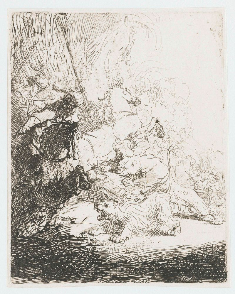 Etching by Rembrandt van Rijn showing hunters confronting lions in The small lion hunt