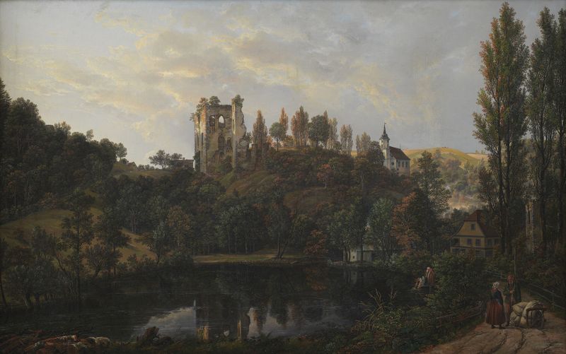 Ruínas do castelo contra um céu luminoso de Johan Christian Dahl, pintura a óleo