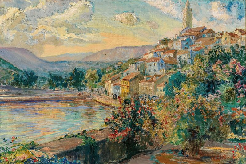 Landscape of a coastal town with azure sky and golden light by Menci Clement Crnčić, oil painting