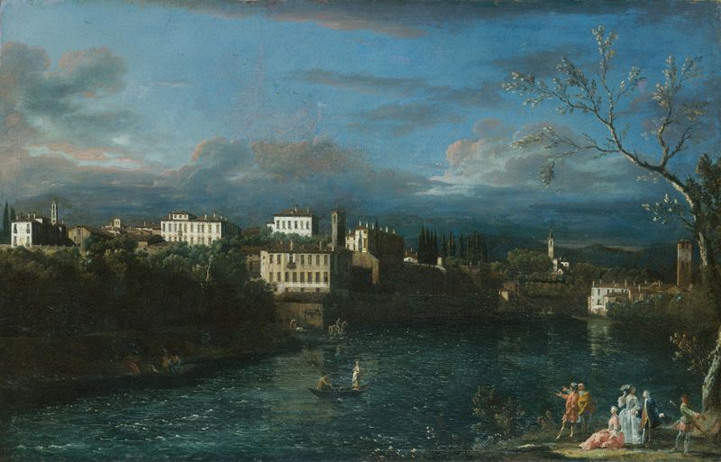 Vaprio d’Adda, paisagem rococó de Bernardo Bellotto, com uma ponte sobre um rio.