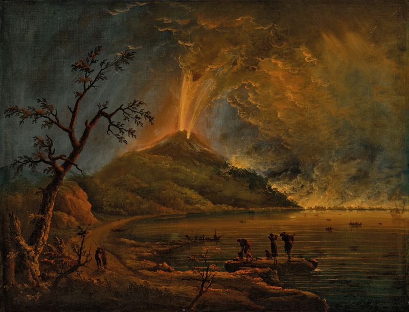 A volcano erupting at night, oil painting by Carlo Bonavia
