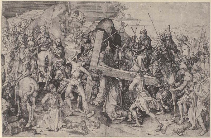 Gravura de Martin Schongauer mostrando Cristo lutando sob a cruz.