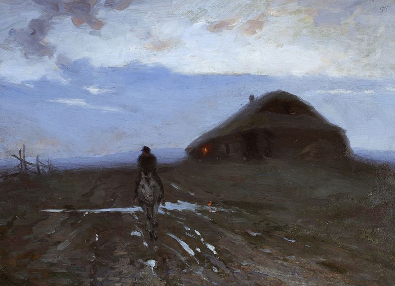 Wayside Inn by Ferdynand Ruszczyc, oil painting depicting a rustic inn with light and shadow.
