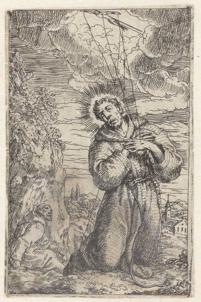 Stigmatisatie van heilige Franciscus etching by Jonas Umbach showing St. Francis in radiant light.