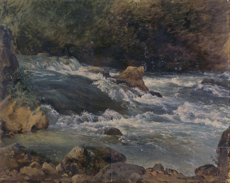 Torrent by Jacques-Raymond Brascassat, oil on canvas depicting a waterfall and rocks
