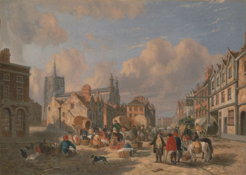 Genre scene depicting The Haymarket in Norwich by David Hodgson, medium unknown.