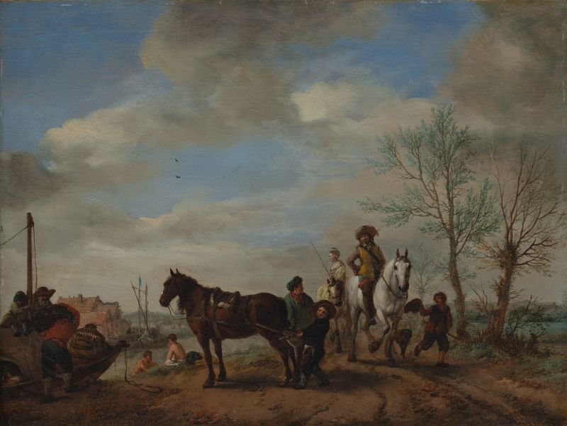 A man and a woman on horseback in a landscape, oil painting by Philips Wouwerman