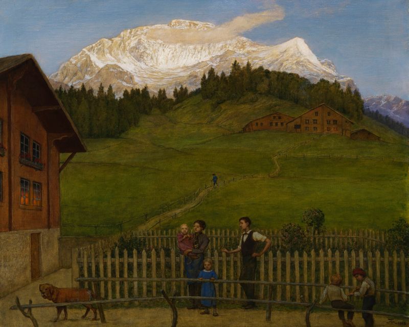 Abend in der Schweiz II de Hans Thoma, óleo sobre tela, retrata uma paisagem serena ao pôr do sol.