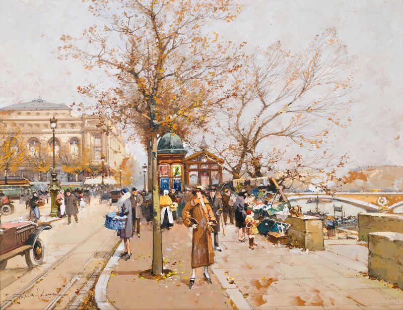Escena de género de La Place Du Châtelet À Paris de Eugène Galien-Laloue, óleo sobre lienzo