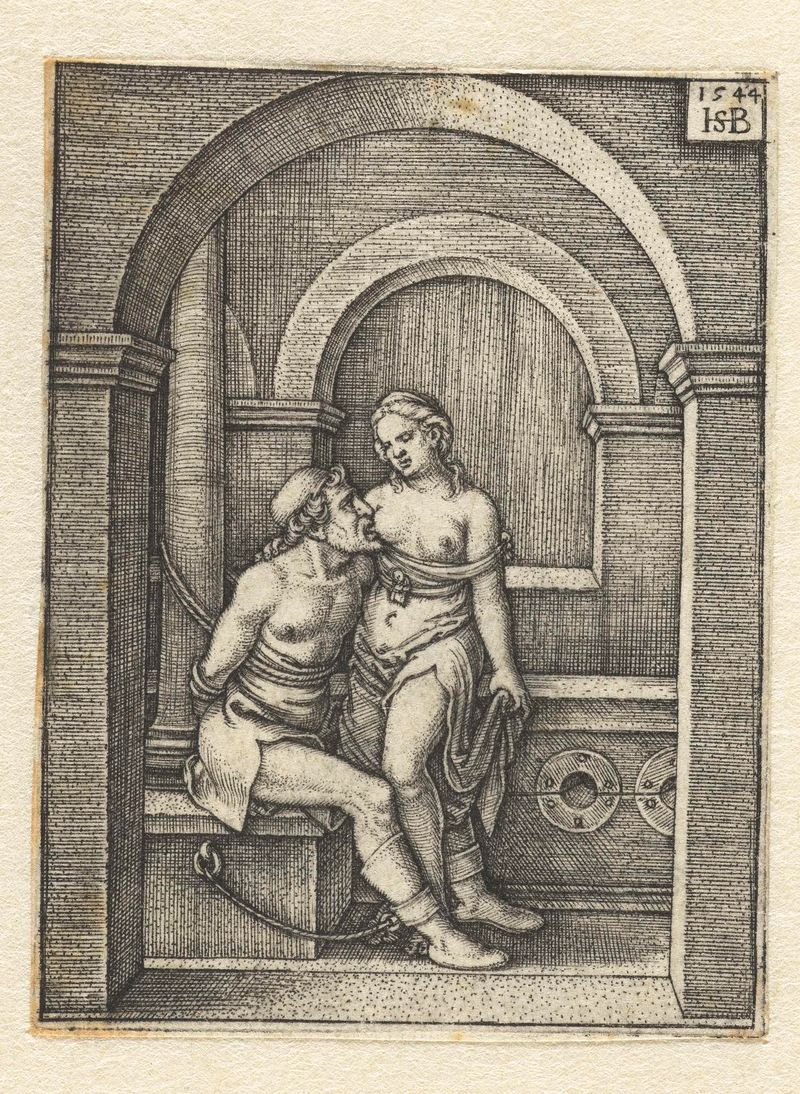 Gravura de Hans Sebald Beham mostrando Pero segurando a cabeça de Cimon em uma prisão