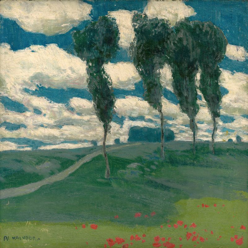 Spring Landscape With Poplar Trees by Alois Kalvoda, oil on canvas depicting tall poplar trees and greenery.