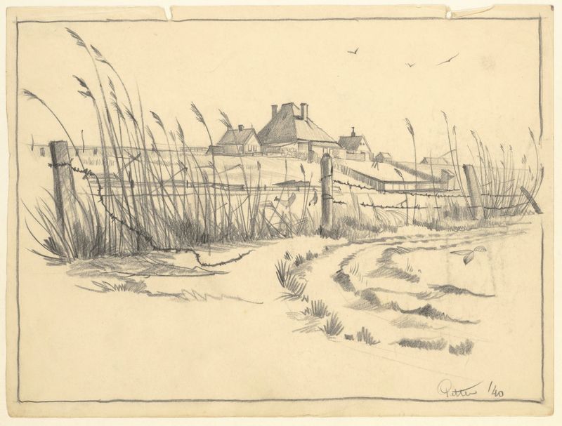 Boerderij op duin, óleo sobre lienzo de Maarten Oortwijn, que muestra una granja en una duna