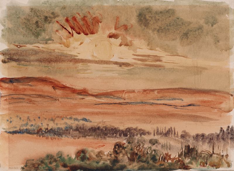 Paisagem ao pôr do sol de René Piot, pintura a óleo