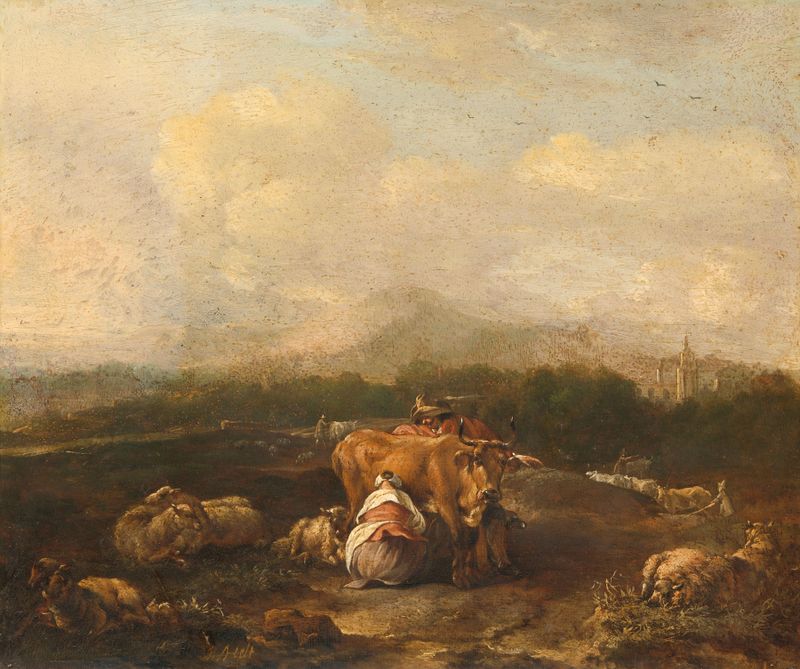 Paisagem italiana com gado, pintura a óleo de Nicolaes van Helt Stockade