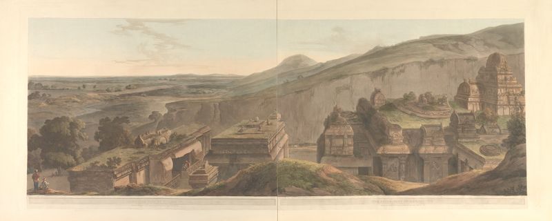 Oriental Scenery Pl. 40 de Thomas Daniell, pintura a óleo que retrata uma paisagem serena com colinas.