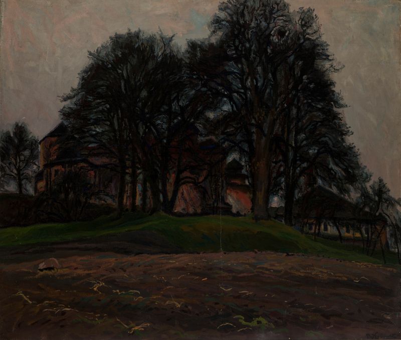 Late Autumn by Stanisław Kamocki, oil on canvas depicting bare trees and an overcast sky.
