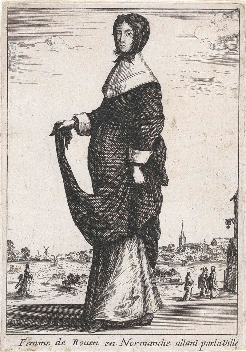 Femme de Rouen en Normandie allant par la Ville, grabado de Unknown Artist, que representa a una mujer con atuendo histórico.