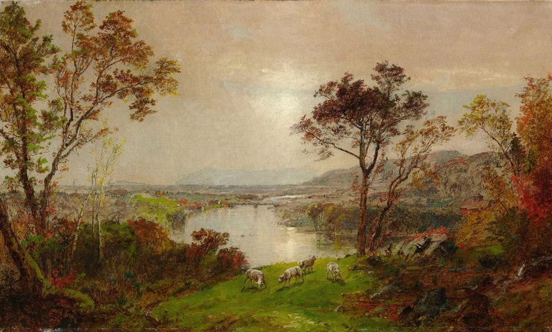 Paisaje con ovejas en Wyoming Valley, óleo sobre lienzo de Jasper Francis Cropsey
