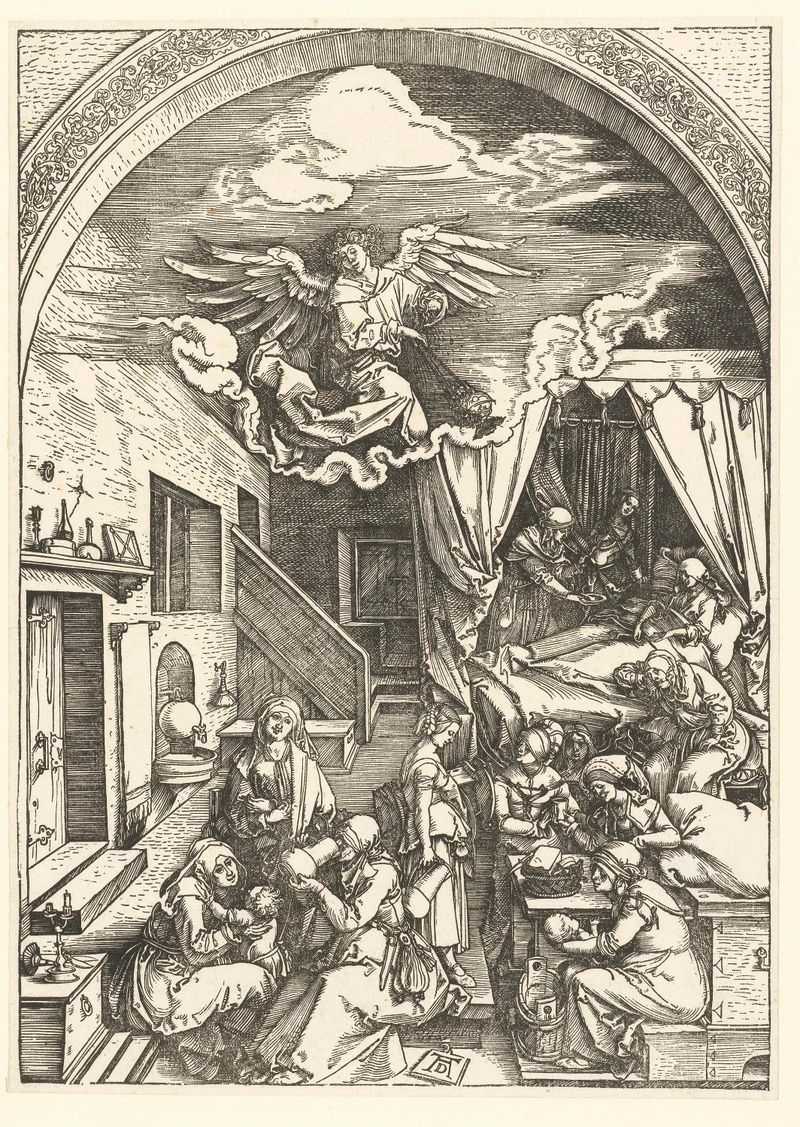 De geboorte van Maria de Albrecht Dürer, medio papel, con la Virgen María y figuras simbólicas