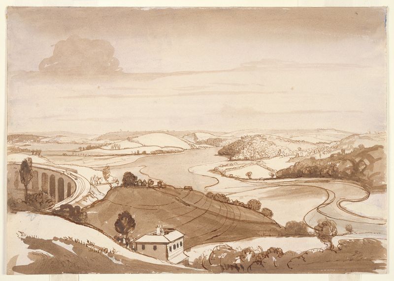 Hilltop Vista de James Dickson Innes, óleo sobre lienzo que muestra un paisaje nostálgico con tonos de lavanda y oro.