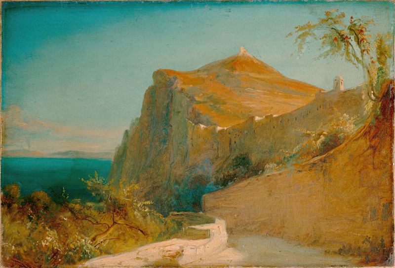 Falésias acidentadas e vegetação em Capri por Carl Blechen, pintura a óleo.