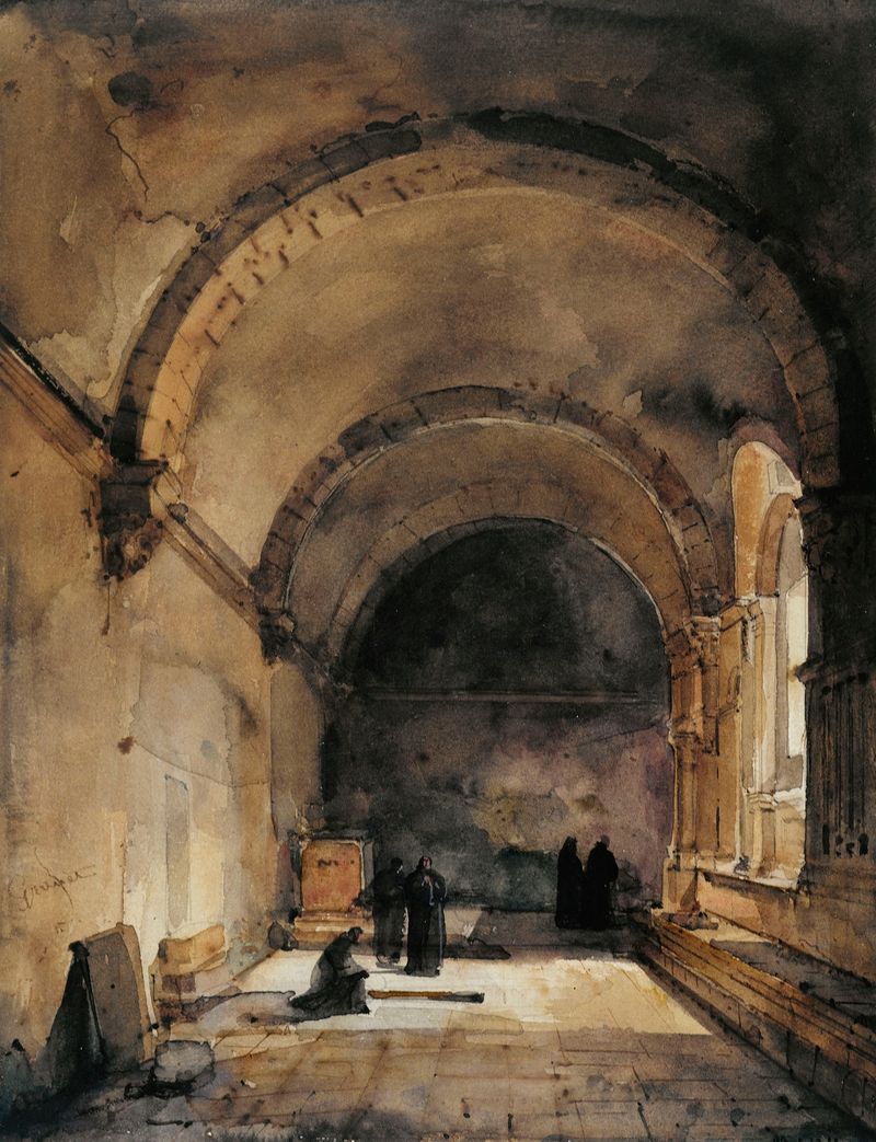 Cinq personnages sous une voûte, oil painting by François-Marius Granet depicting five figures in an archway.