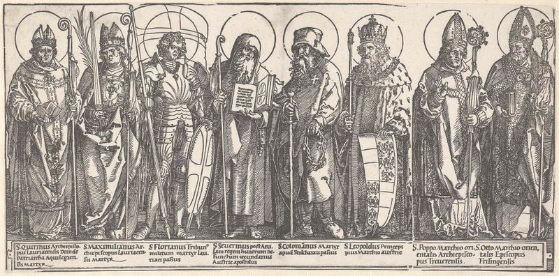 De beschermheiligen van Oostenrijk de Albrecht Dürer, obra en papel que muestra santos contra un fondo oscuro.