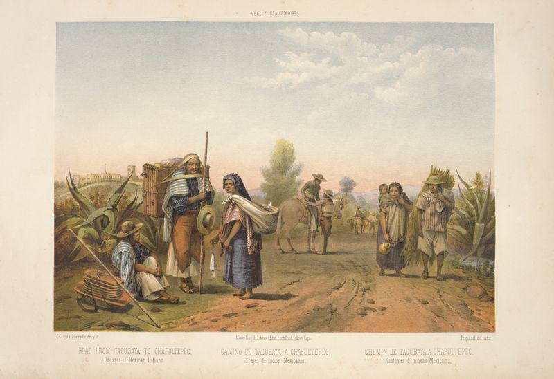 Genre scene depicting a procession of figures in traditional dresses by C. Castro, 1869.