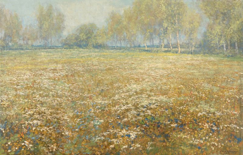 Meadow in Bloom by Egbert Rubertus Derk Schaap, oil on canvas showing a vibrant meadow filled with wildflowers.