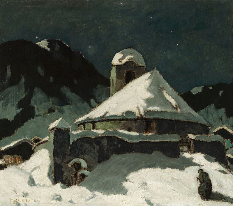 Romanticism landscape by Oskar Mulley, depicting a snowy village under moonlight.