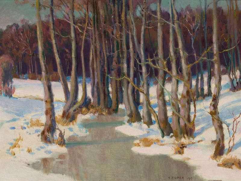 Forest stream in winter by Teodor Ziomek, oil on canvas depicting a winter landscape.
