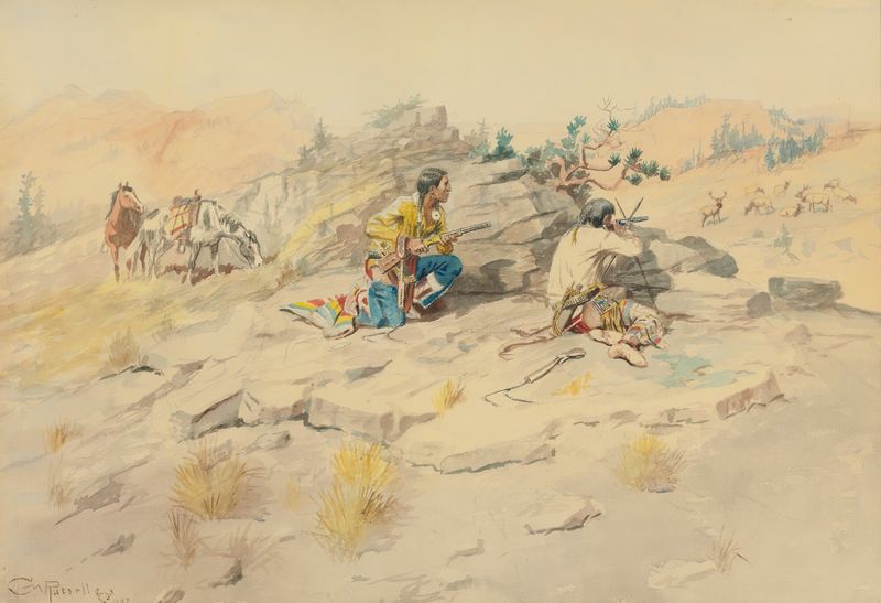 Indians Stalking Elk by Charles Marion Russell, oil on canvas depicting a horseman in a natural landscape.
