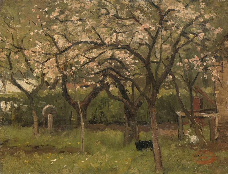 Árbol en flor en un huerto, óleo sobre lienzo de Geo Poggenbeek
