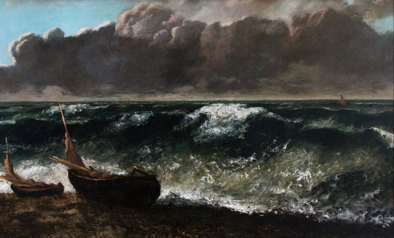 A Onda de Gustave Courbet, pintura a óleo que retrata uma cena oceânica tumultuada.