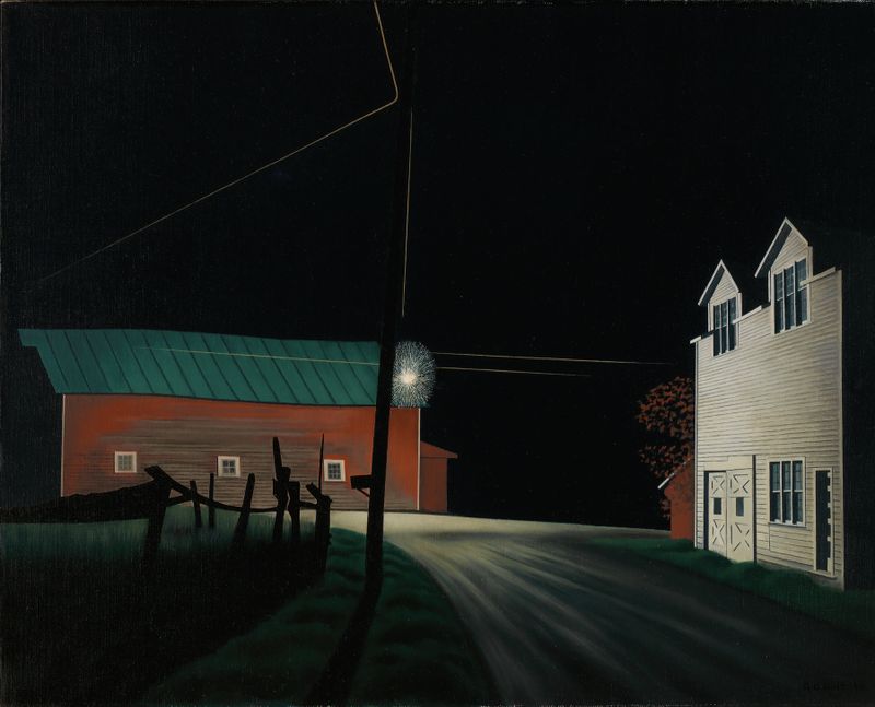 Modernism landscape by George Copeland Ault, featuring a luminous house at night.