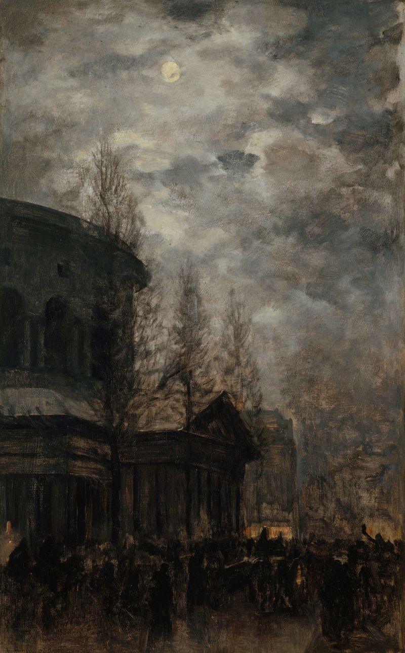 Cena histórica com uma multidão em uma ponte, pintura a óleo de Léon-Pierre Herpin