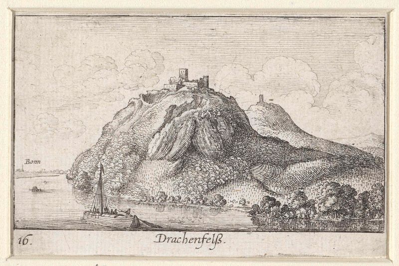 Grabado de Wenceslaus Hollar que representa el paisaje del Drachenfels y el río Rin