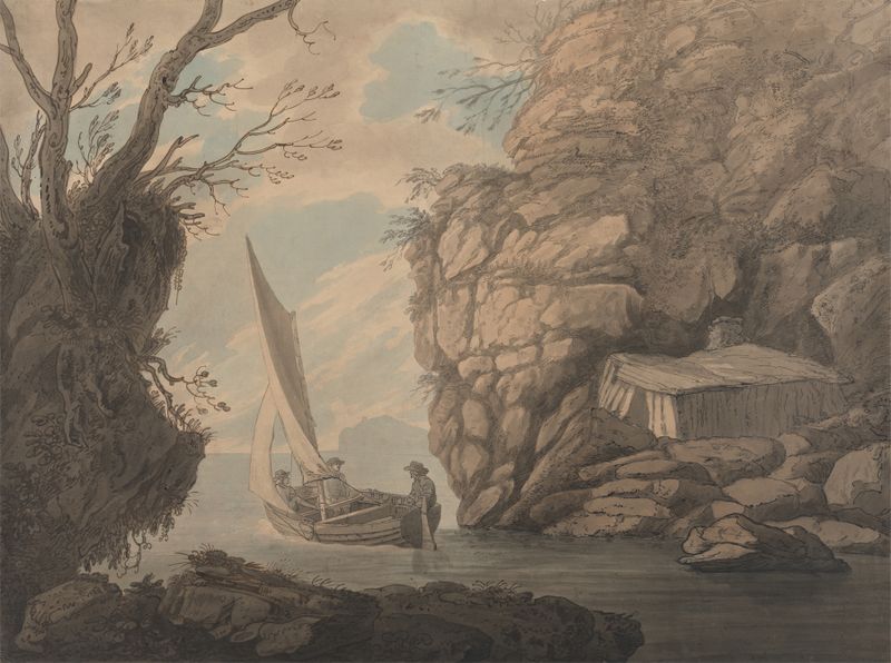 A Sailing Dinghy with Three Men Leaving a Rocky Inlet, óleo sobre tela de Joseph Farington