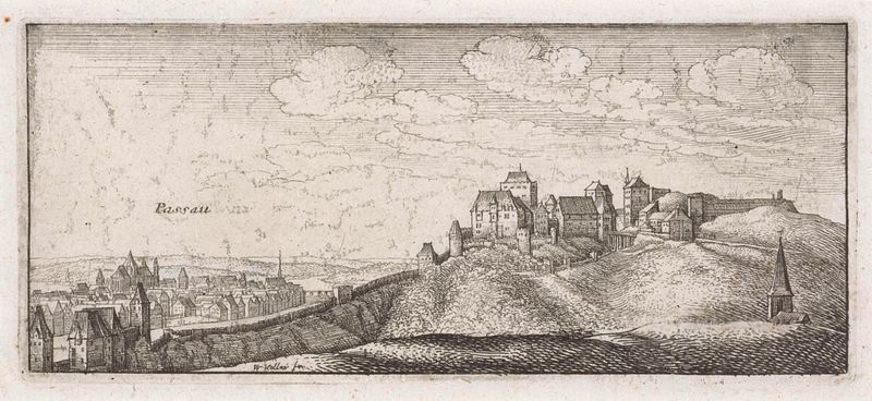 Landschap met gezicht op Passau, gravura de Wenceslaus Hollar, mostrando colinas e uma cidade distante.