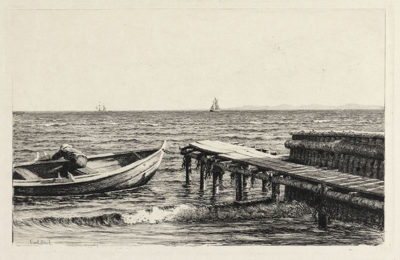 Båden ved broen by Carl Bloch, oil painting depicting a boat by a bridge with reflections in the water.