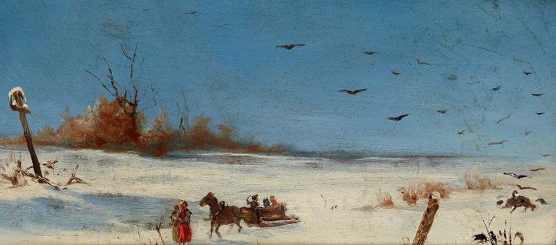 Sledging de Teodor Marian Talowski, óleo sobre lienzo que muestra niños jugando en la nieve