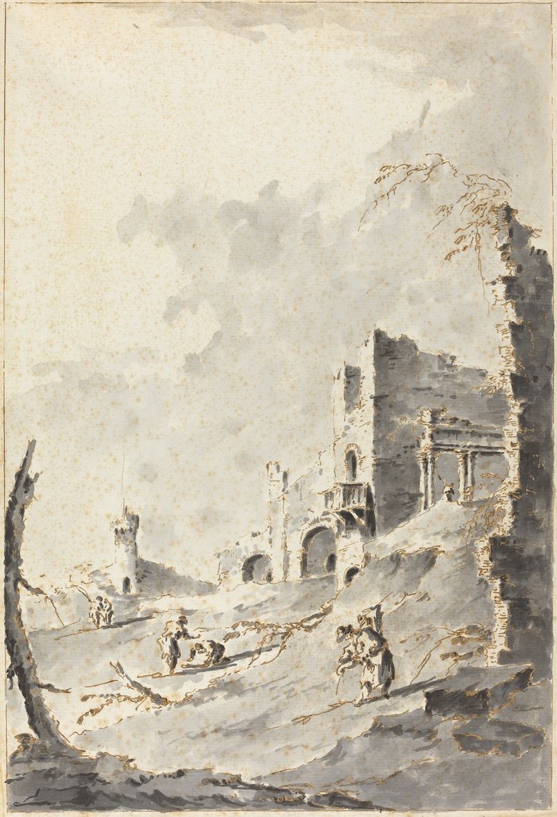 Capriccio of Classical Ruins with a Fortress, óleo sobre tela de Giacomo Guardi