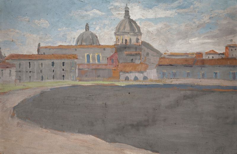 Arquitetura gótica de uma catedral de cúpula italiana de Ernst Schiess, destacando luz e sombra.