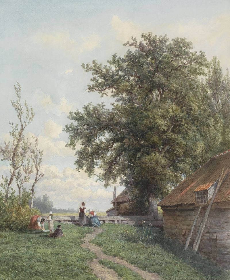 Genre scene depicting a rural farmstead with figures, tree, and barn by Hendrik Dirk Kruseman van Elten.