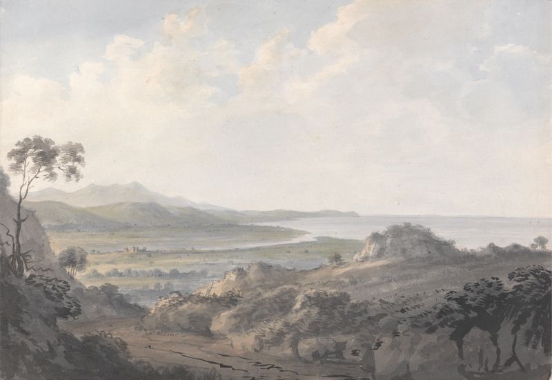 Coast Scene with Mouth of a River, óleo sobre lienzo de Edward Dayes que representa un paisaje de río tranquilo.